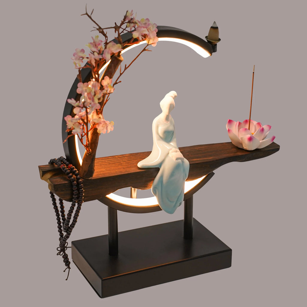 Backflow Incense Burner,Classical Backflow Incense Burner with LED Light,Decorative Incense Stand with Fake Peach Blossoms
