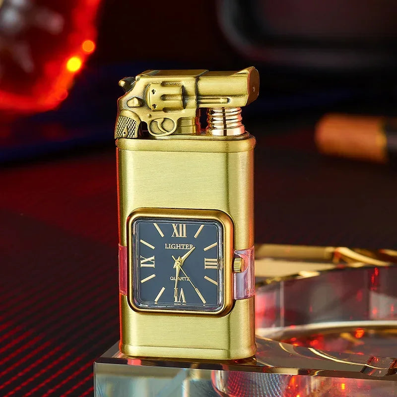 Gun Model Dual Flame Lighter with Watch Metal Windproof Torch Jet Open Flames Personalized Embossed Lighters for Men's Gifts