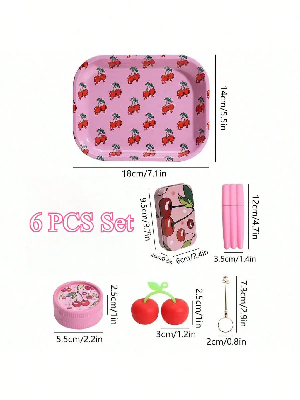 6pcs Cherry Rolling Tray Smoking Set, Includes Grinder, Rolling Tray, Box, Silicone Containers, 3-Tube Containers, Holder