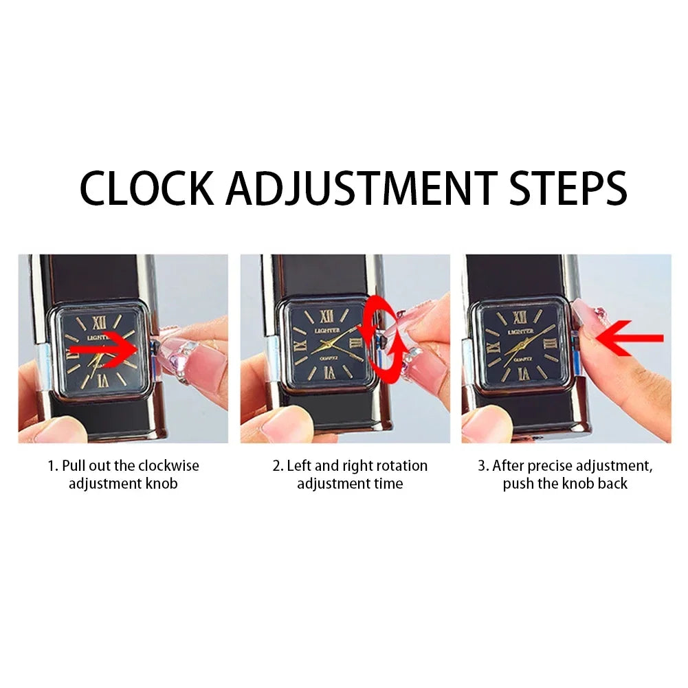 Gun Model Dual Flame Lighter with Watch Metal Windproof Torch Jet Open Flames Personalized Embossed Lighters for Men's Gifts