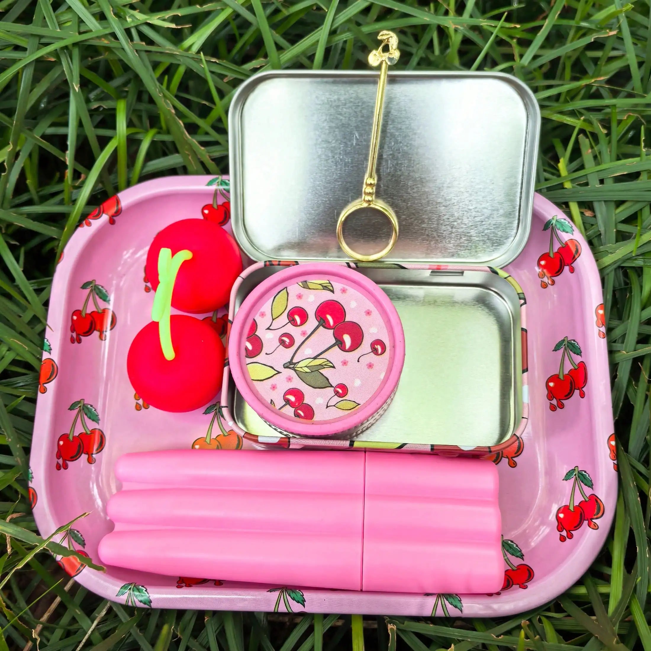 6pcs Cherry Rolling Tray Smoking Set, Includes Grinder, Rolling Tray, Box, Silicone Containers, 3-Tube Containers, Holder