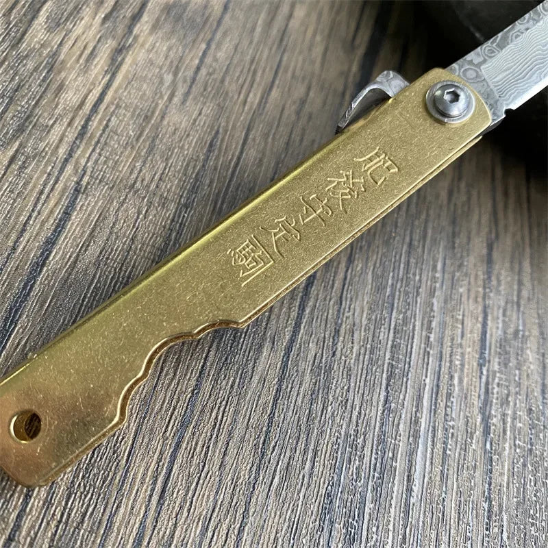 Bronze Handle Folding Knife Damascus Steel Blade A Versatile Cutting Knife for Both Emergency and Daily Use Perfect Gift for Men