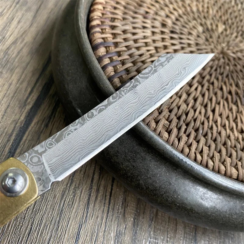 Bronze Handle Folding Knife Damascus Steel Blade A Versatile Cutting Knife for Both Emergency and Daily Use Perfect Gift for Men