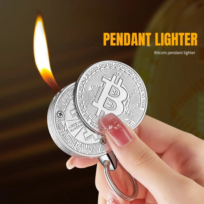 Metal Bitcoin Shaped Side Sliding Ignition Gas Lighter Portable Windproof Lighter for Men's Gifts Cigarette Accessories