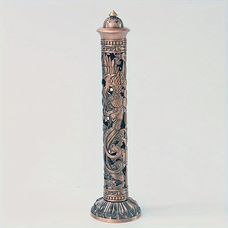 Retro Vertical Incense Burner Buddha Heart Sutra Dragon Phoenix Pillar Metal Incense Stick Home Office Ceremony Decoration