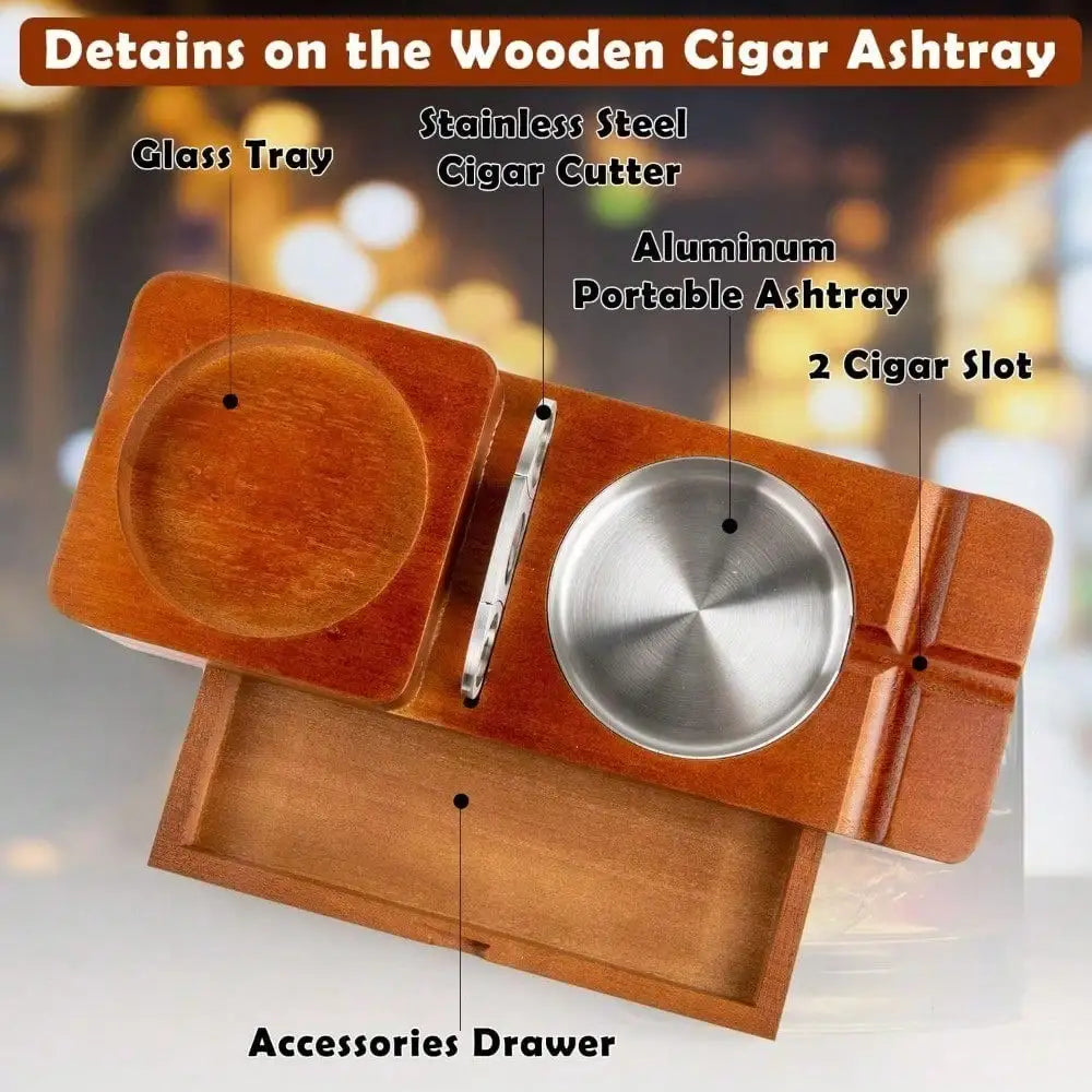 Cigar Ashtray Coaster Whiskey Glass Tray And Holder, Wooden Ash Tray Cigar Accessory Set Gift For Men Dad, Great Decor For Home (Large Drawer)