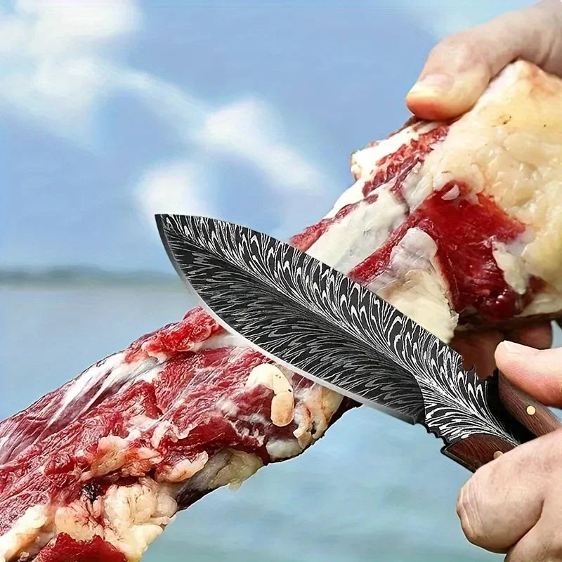 High-Hardness Kitchen Knife Fixed Blade Feather-Patterned Leather Sheath Outdoor Camping Knife Walnut Handle 5Cr13Mov Blade