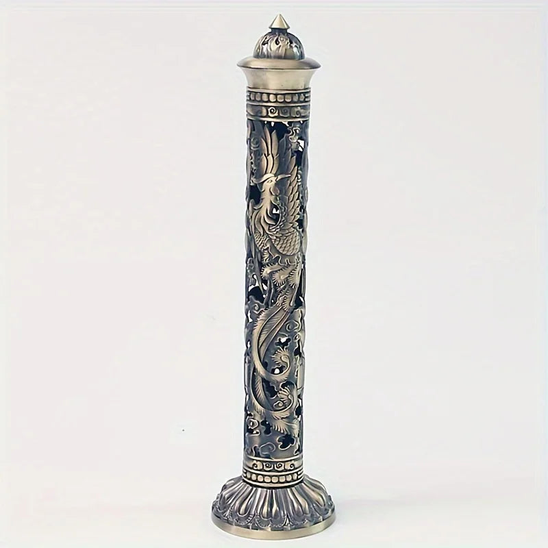 Retro Vertical Incense Burner Buddha Heart Sutra Dragon Phoenix Pillar Metal Incense Stick Home Office Ceremony Decoration