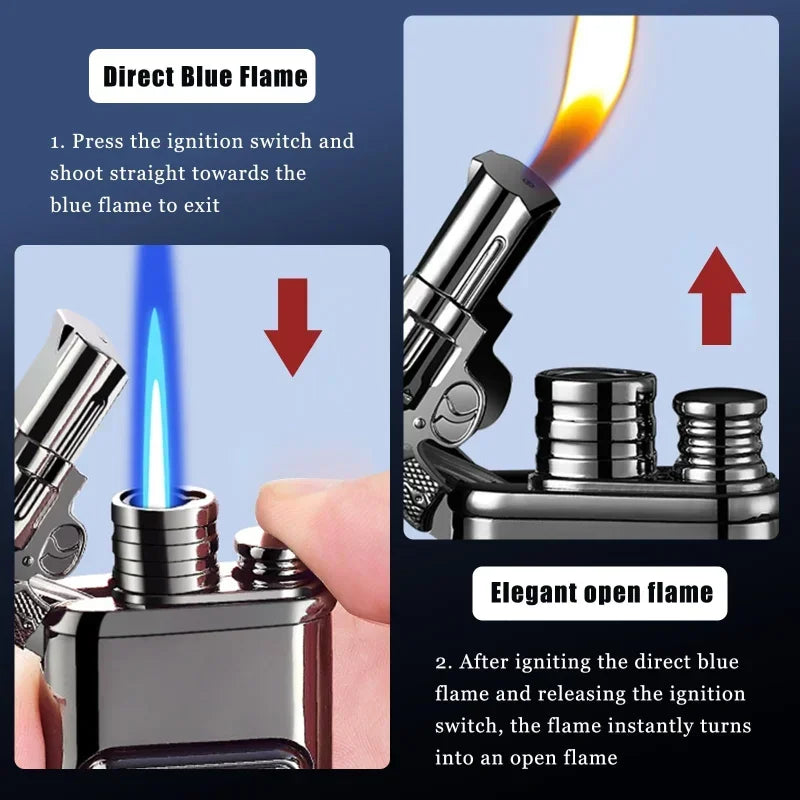 Gun Model Dual Flame Lighter with Watch Metal Windproof Torch Jet Open Flames Personalized Embossed Lighters for Men's Gifts