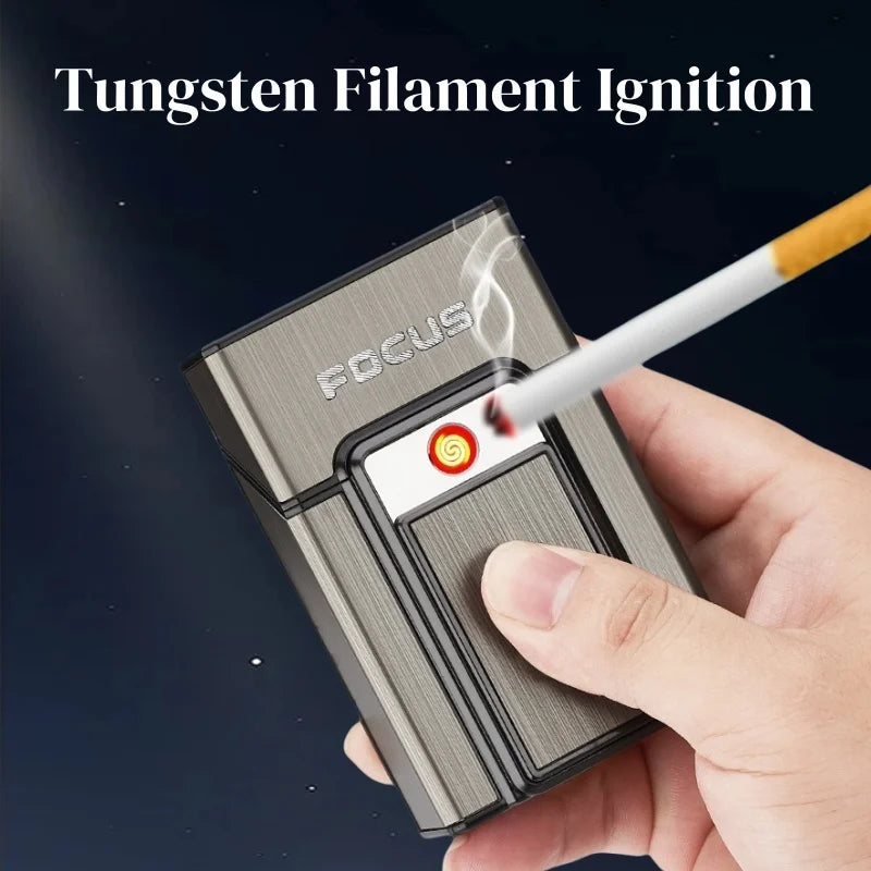 Cigarette Case with Lighter USB Rechargeable Windproof Tungsten Coil Igniter Holder Fits Soft & Hard Packs Holds 20 Cigarettes