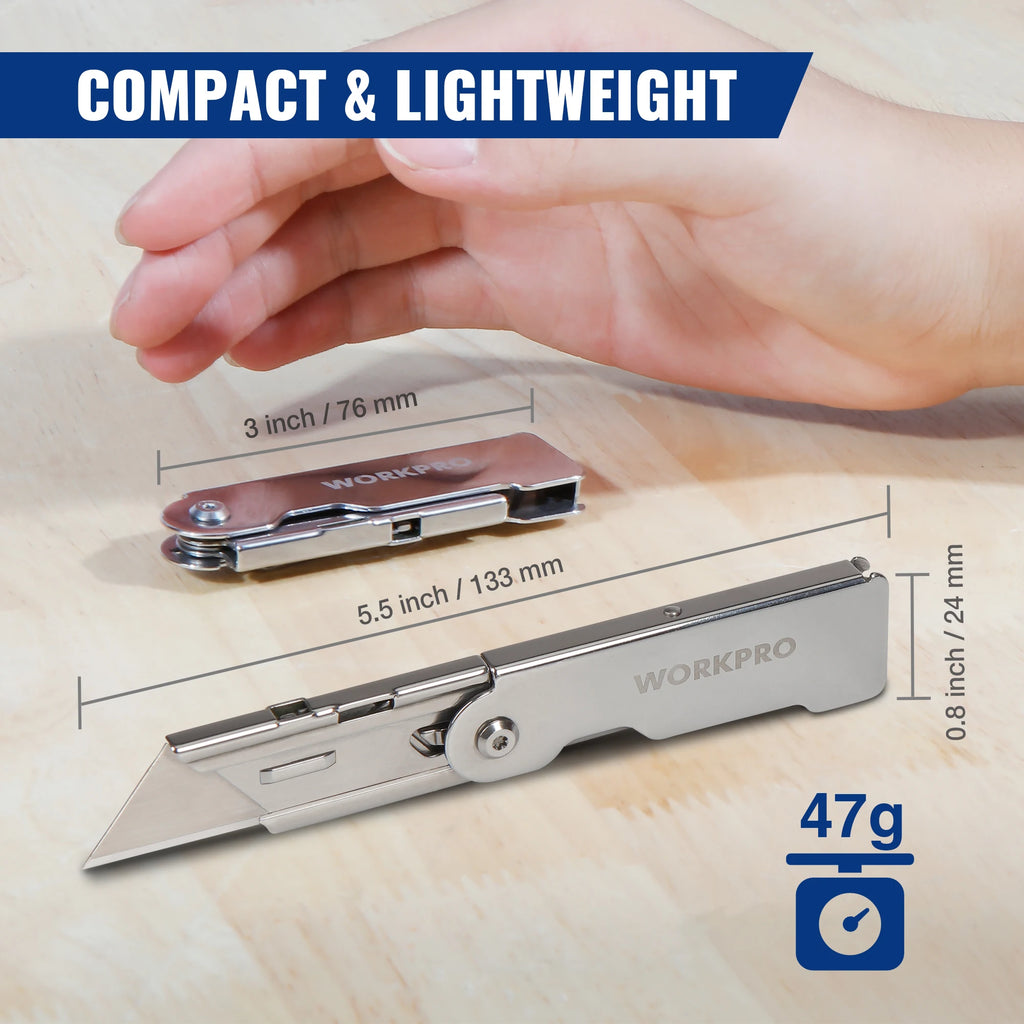 WORKPRO 3pcs Folding Utility Knife Stainless Steel Quick Realse Pocket Knife with Belt Clip Sharp Blade General-Purpose Cutting