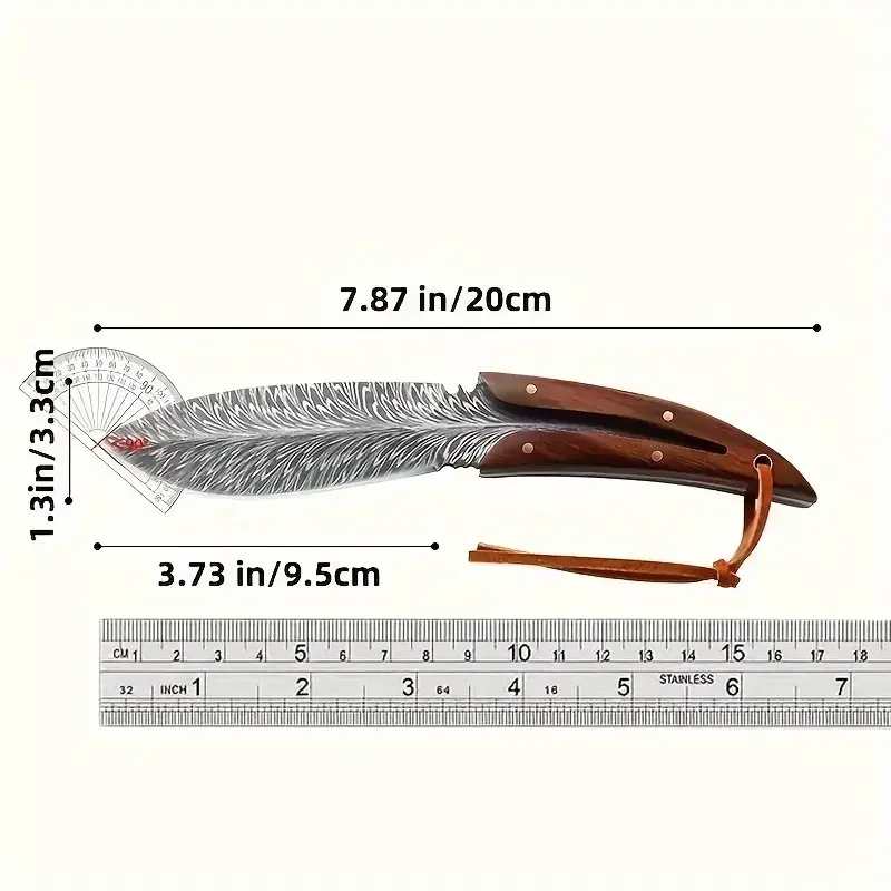 High-Hardness Kitchen Knife Fixed Blade Feather-Patterned Leather Sheath Outdoor Camping Knife Walnut Handle 5Cr13Mov Blade