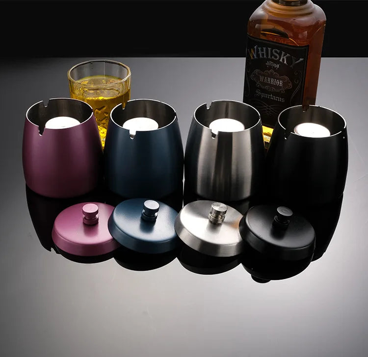 Portable Stainless Steel Ashtray U Groove, Creative Cigar Ashtrays with Cover, Windproof Smokeless Ashtray for Household Hotel