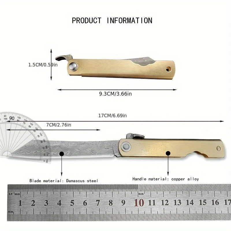 Bronze Handle Folding Knife Damascus Steel Blade A Versatile Cutting Knife for Both Emergency and Daily Use Perfect Gift for Men