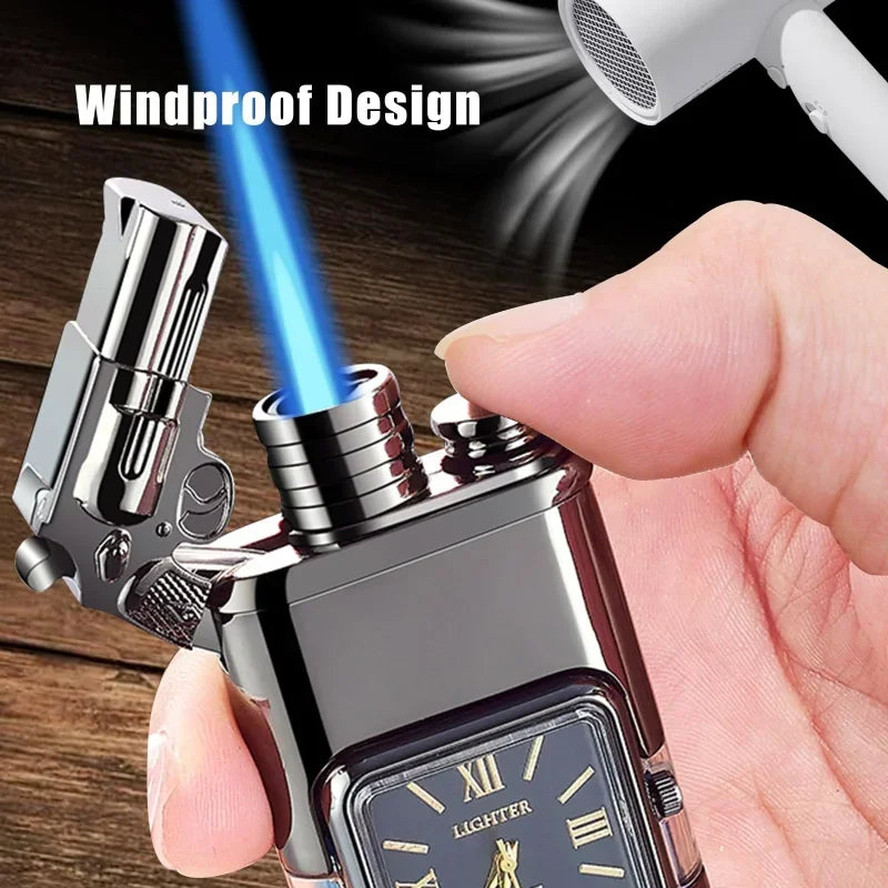 Gun Model Dual Flame Lighter with Watch Metal Windproof Torch Jet Open Flames Personalized Embossed Lighters for Men's Gifts