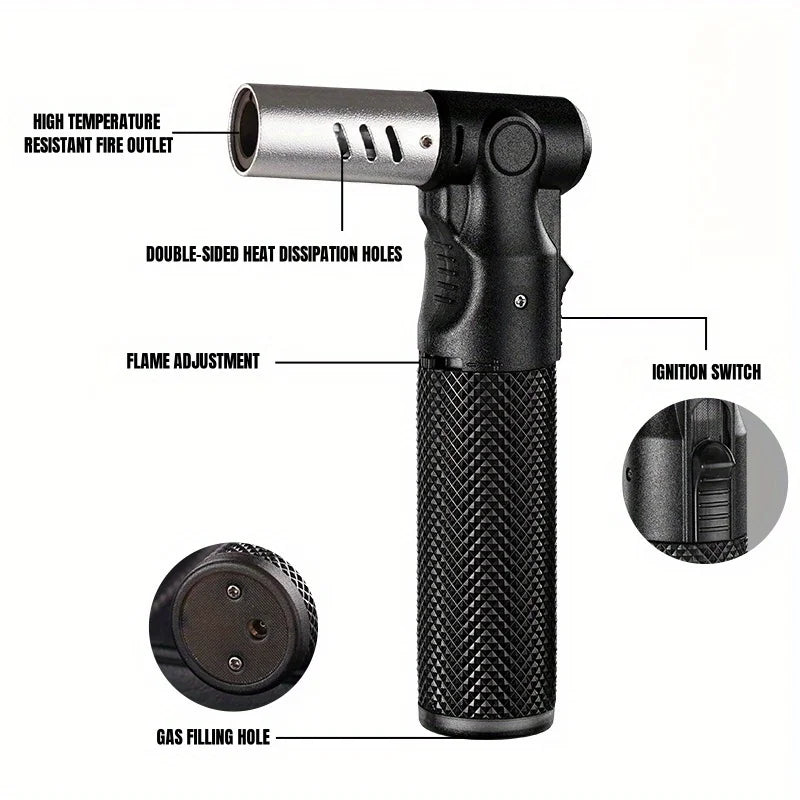Refillable Butane Torch Lighter 1300°C Jet Flame, Windproof Portable Torch, Adjustable Flame, 360° Use for BBQ, Camping (No Gas)