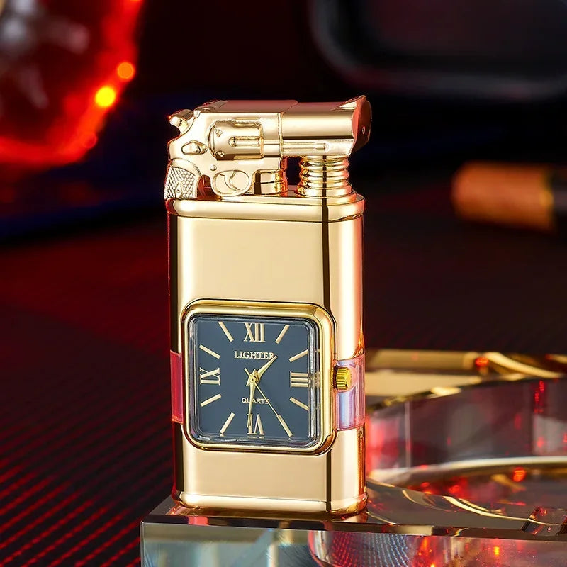Gun Model Dual Flame Lighter with Watch Metal Windproof Torch Jet Open Flames Personalized Embossed Lighters for Men's Gifts