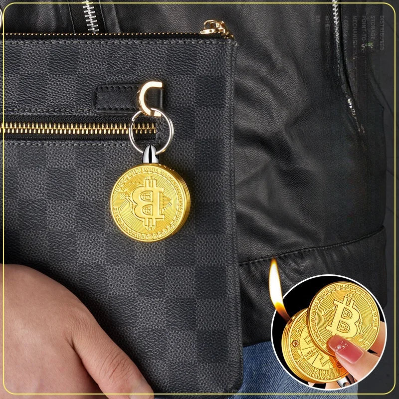 Metal Bitcoin Shaped Side Sliding Ignition Gas Lighter Portable Windproof Lighter for Men's Gifts Cigarette Accessories