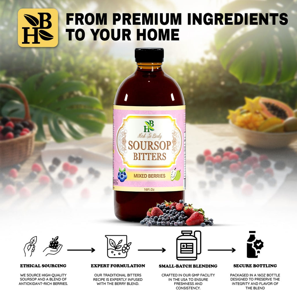 Herb to Body Soursop Bitters Mixed Berries Herbal Tonic 16oz
