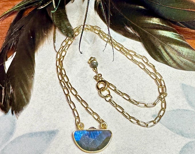MossberryandStone Labradorite Half Moon Pendant Necklace 16in Gold