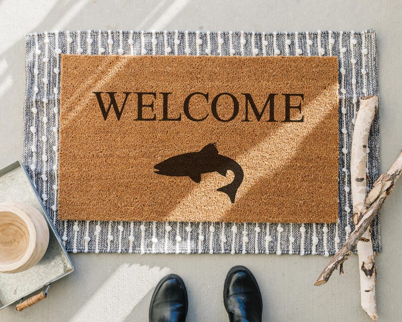 HamlinRowShop Fish Welcome Doormat Coir Front Porch Decor