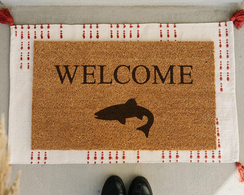 HamlinRowShop Fish Welcome Doormat Coir Front Porch Decor