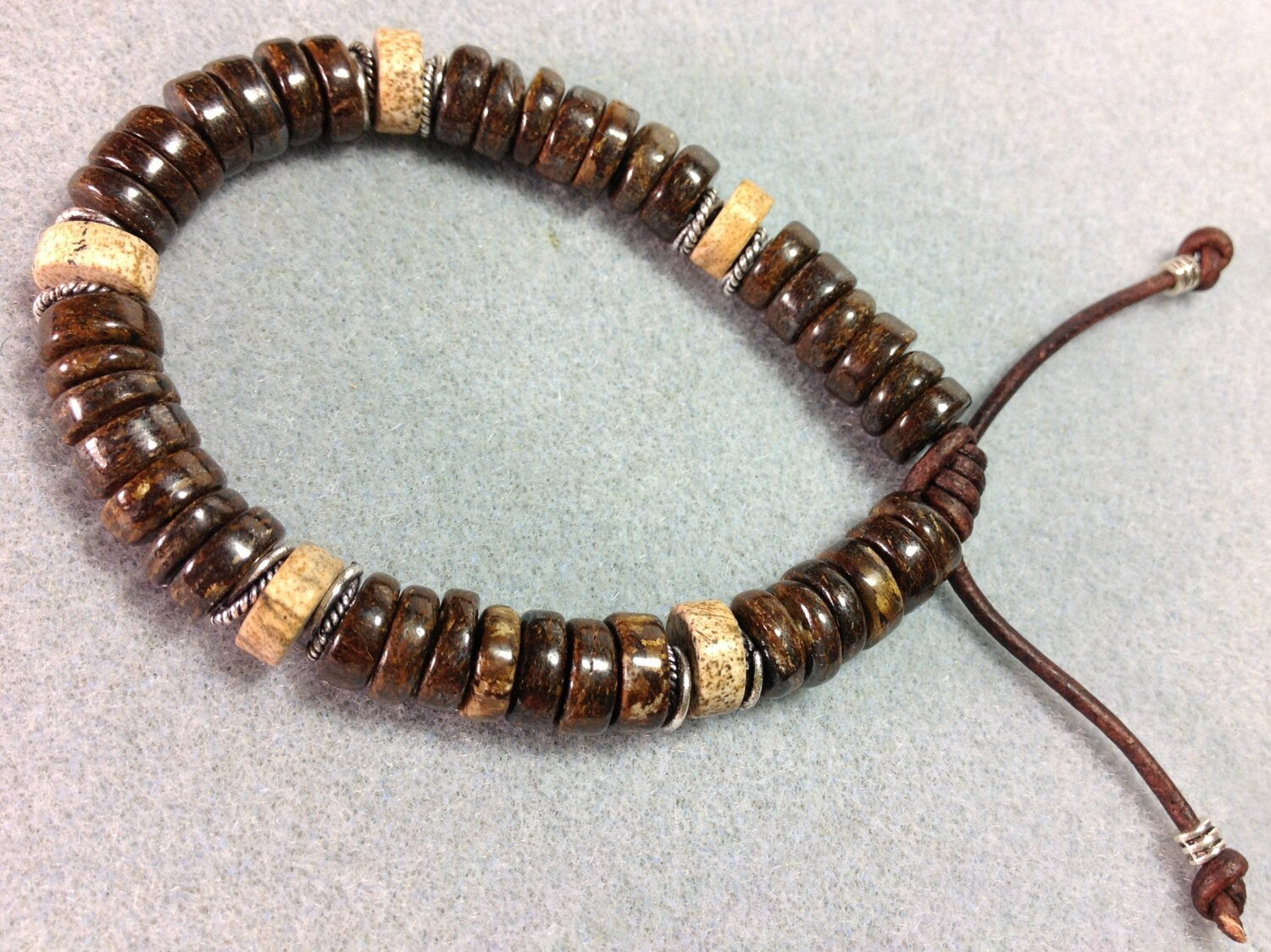 MossberryandStone Mens Bronzite Leather Slide Bracelet 7.5in Adjustable