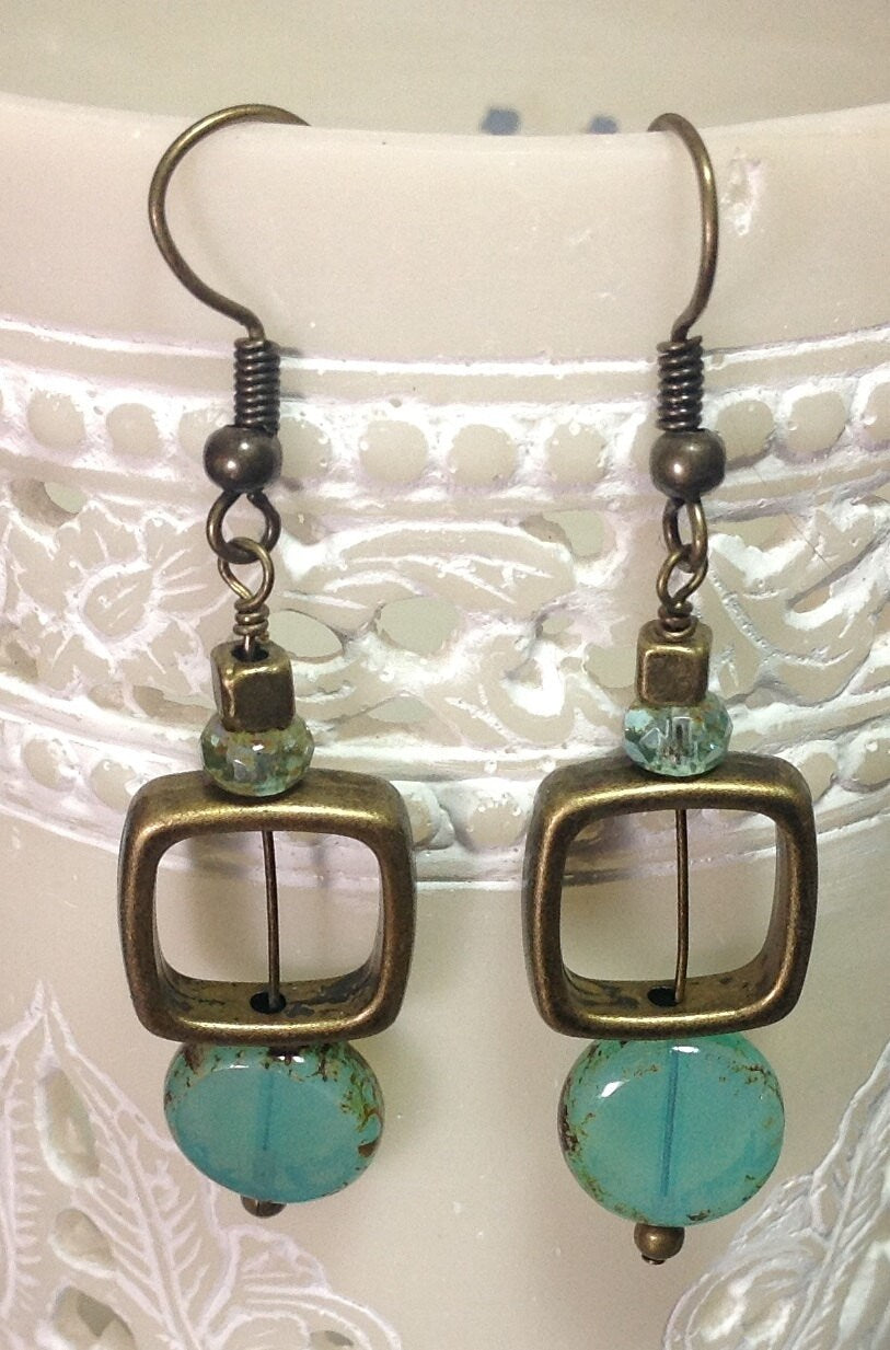 MossberryandStone Geometric Czech Glass Dangle Earrings Aqua Antique Bronze