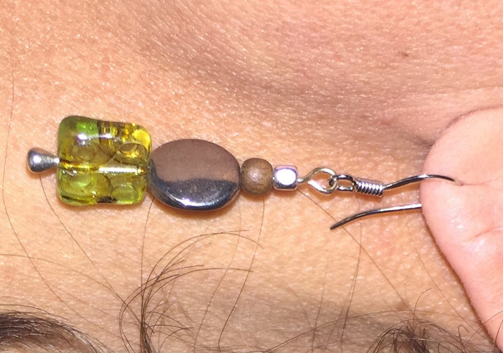 MossberryandStone Etched Czech Glass Dangle Earrings Green Silver