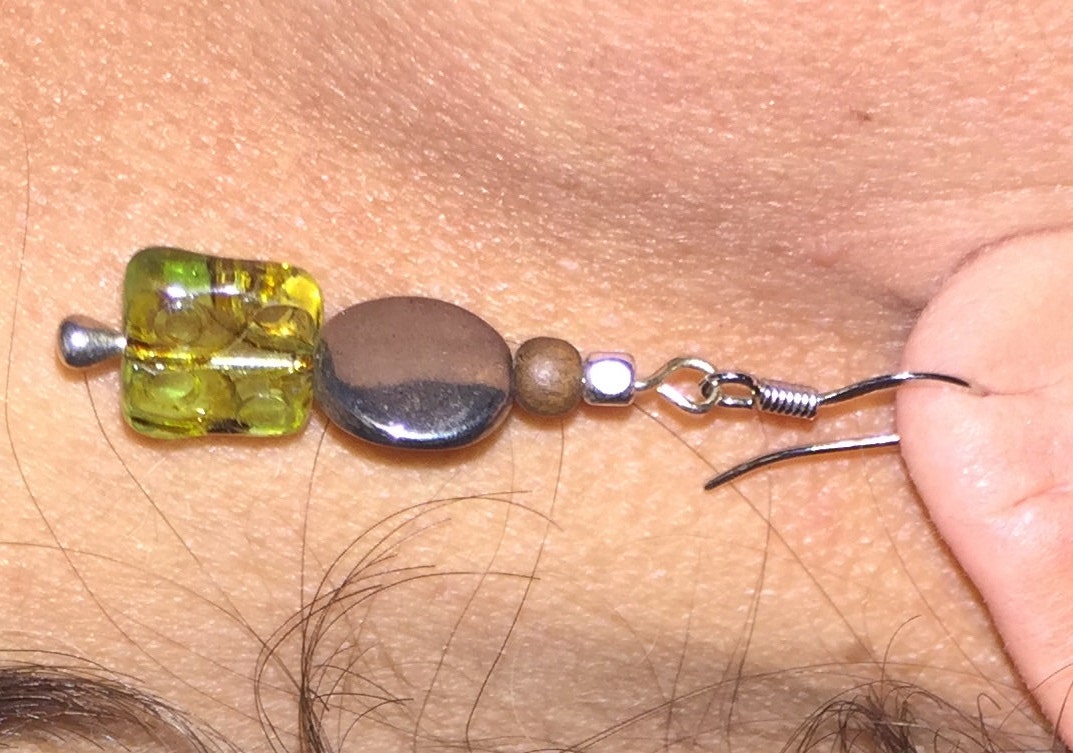 MossberryandStone Etched Czech Glass Dangle Earrings Green Silver
