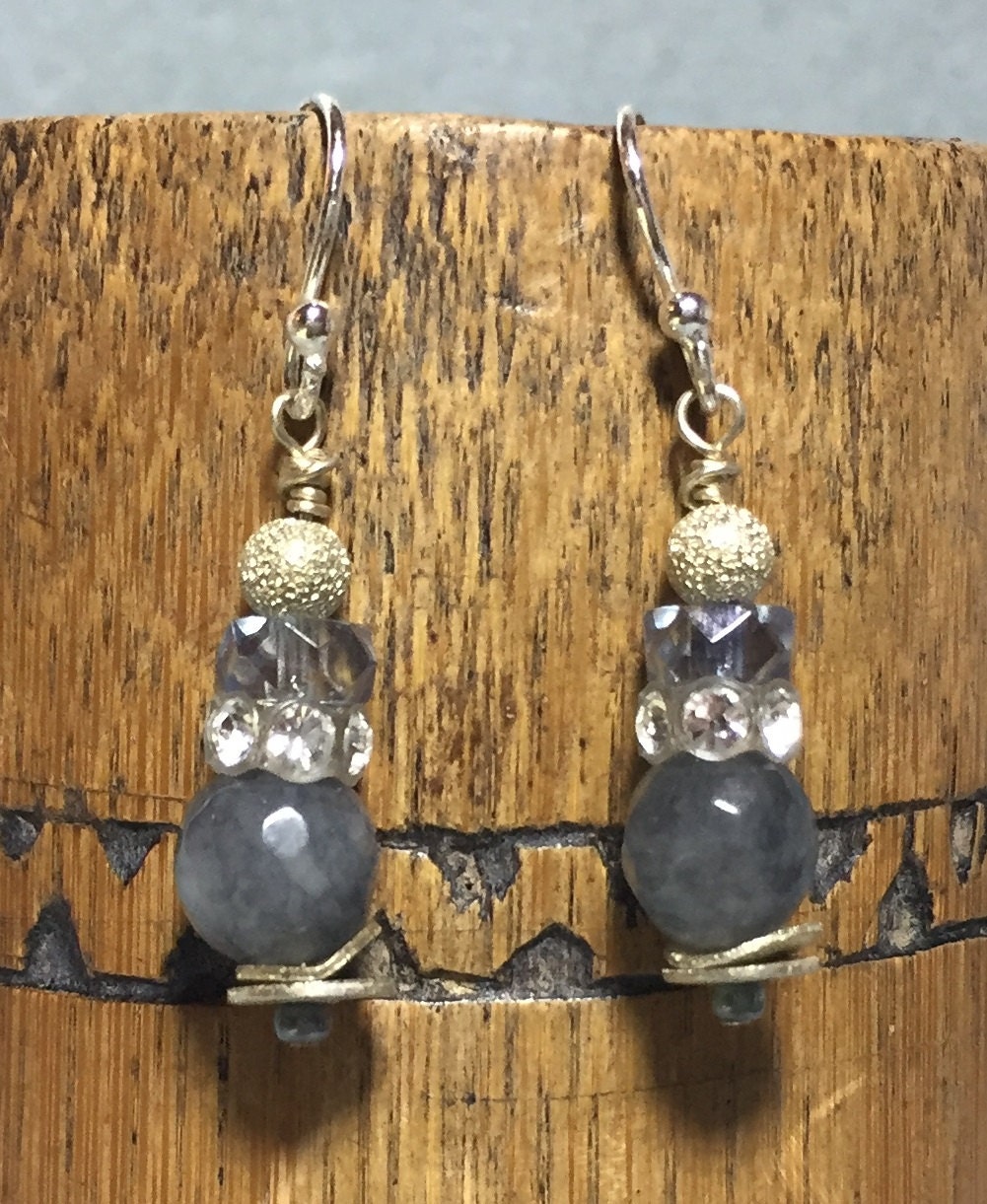Mossberryandstone Gray Jade Swarovski Crystal Drop Earrings 8mm