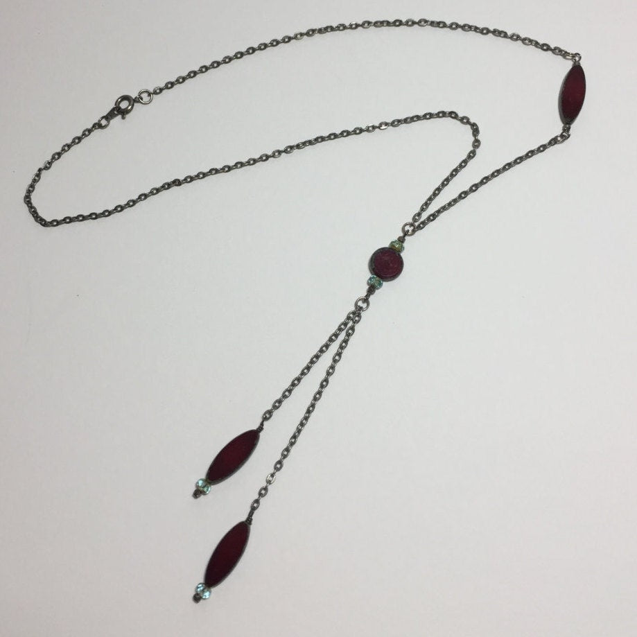 MossberryandStone Czech Glass Asymmetrical Lariat Necklace Deep Red 20in