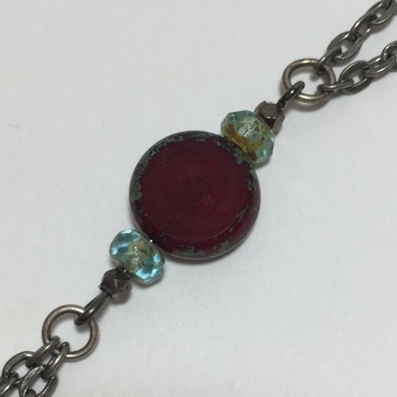 MossberryandStone Czech Glass Asymmetrical Lariat Necklace Deep Red 20in