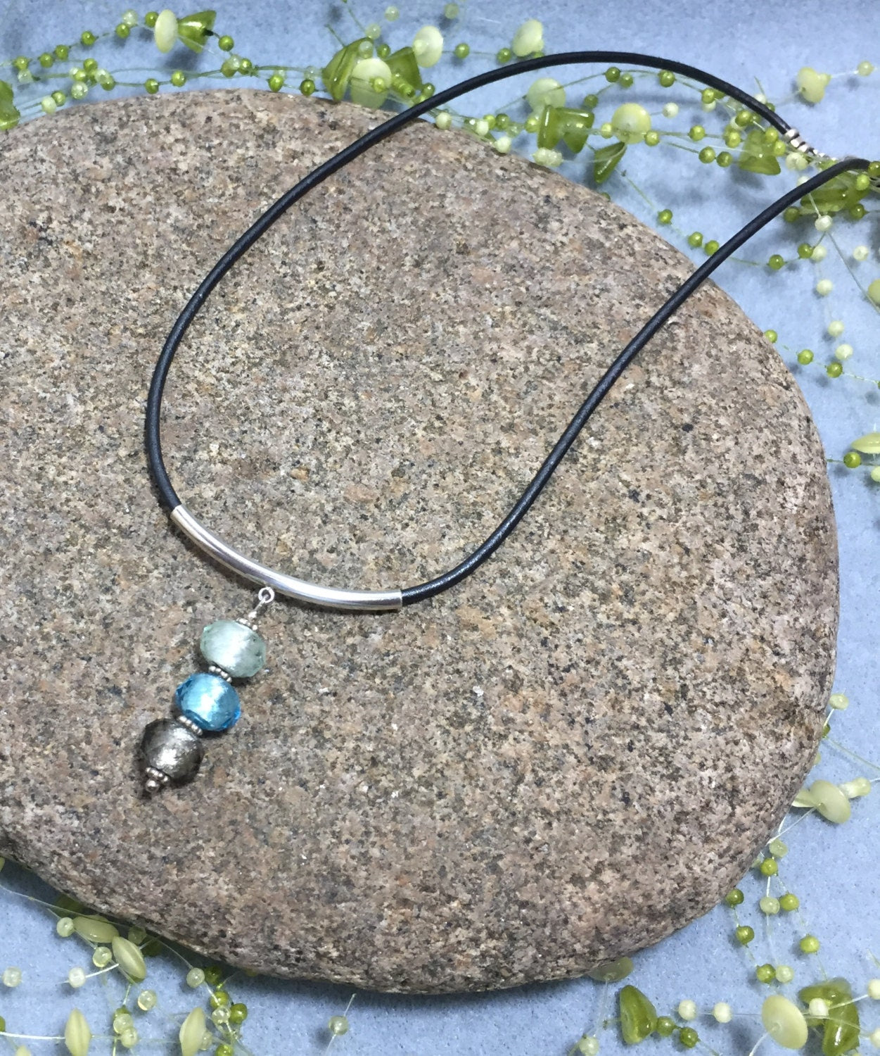 MossberryandStone Sterling Silver Glass Foil Bead Leather Choker Necklace 16in