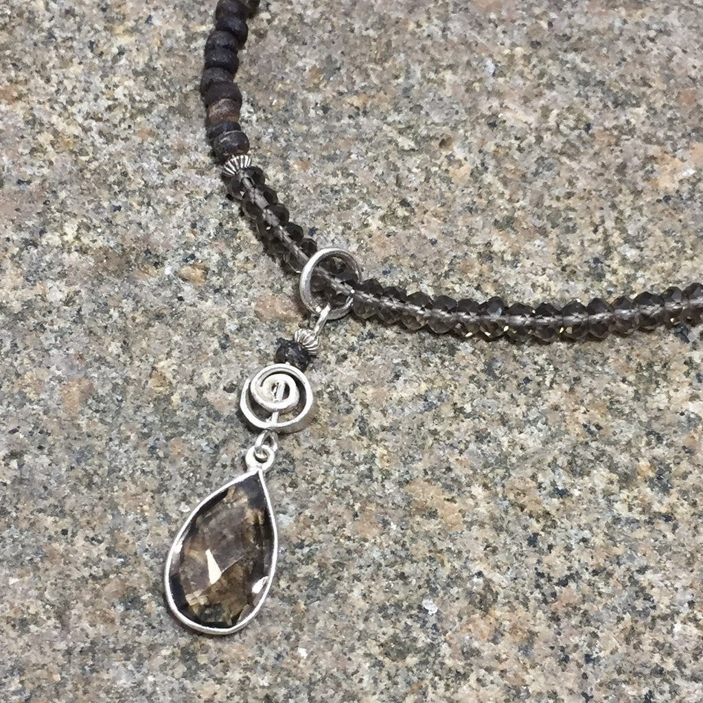 MossberryandStone Smoky Quartz Sterling Silver Beaded Pendant Necklace Adjustable