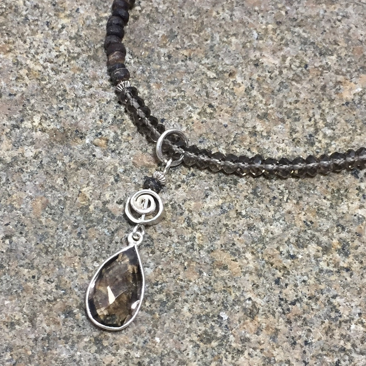 MossberryandStone Smoky Quartz Sterling Silver Beaded Pendant Necklace Adjustable