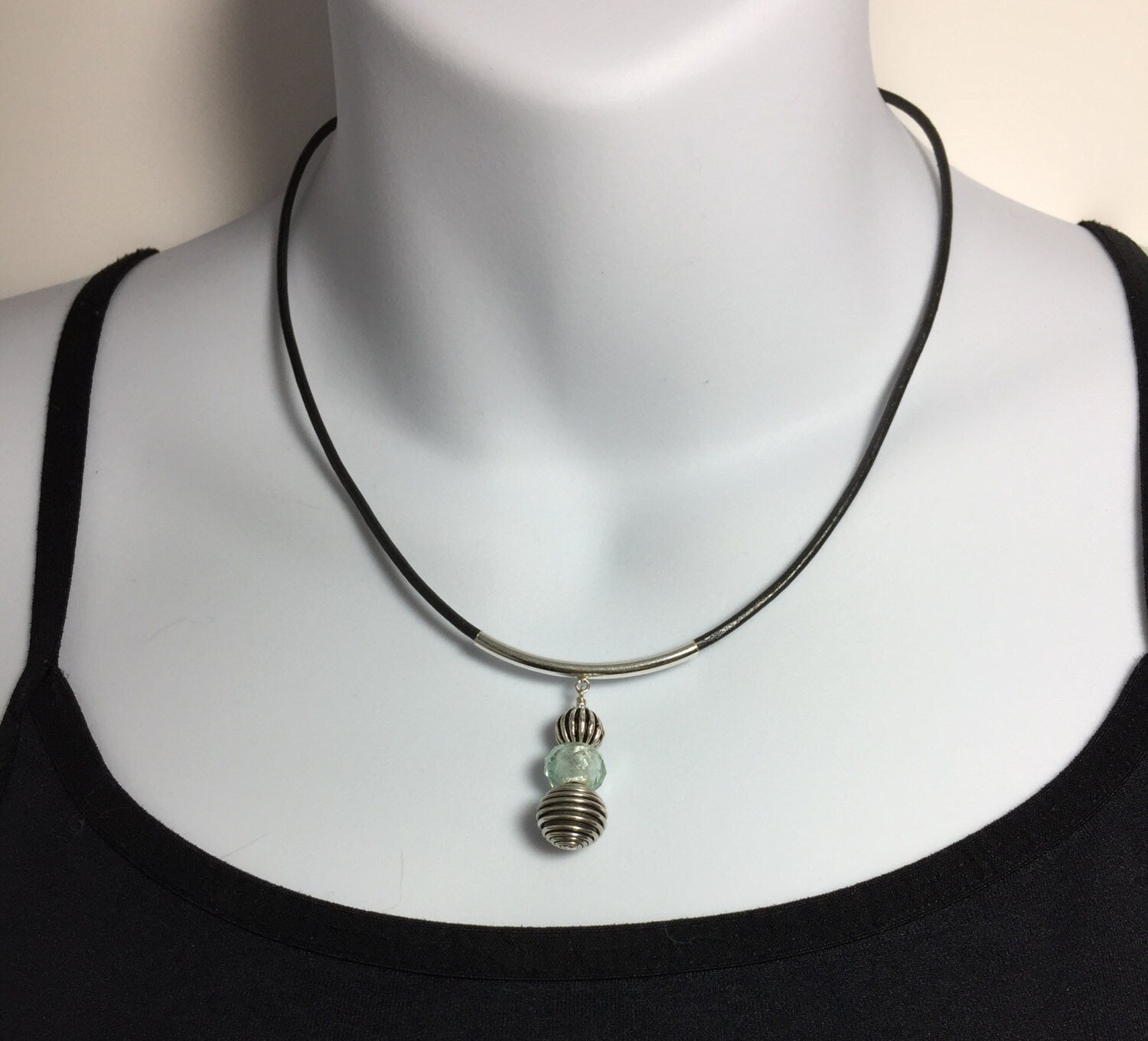 MossberryandStone Sterling Silver Leather Choker Necklace, Bali Bead