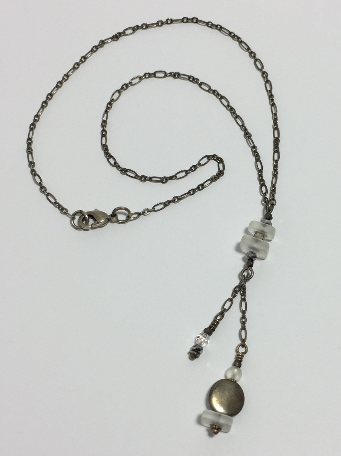 MossberryandStone Recycled Glass Y Necklace Swarovski Crystal 16in