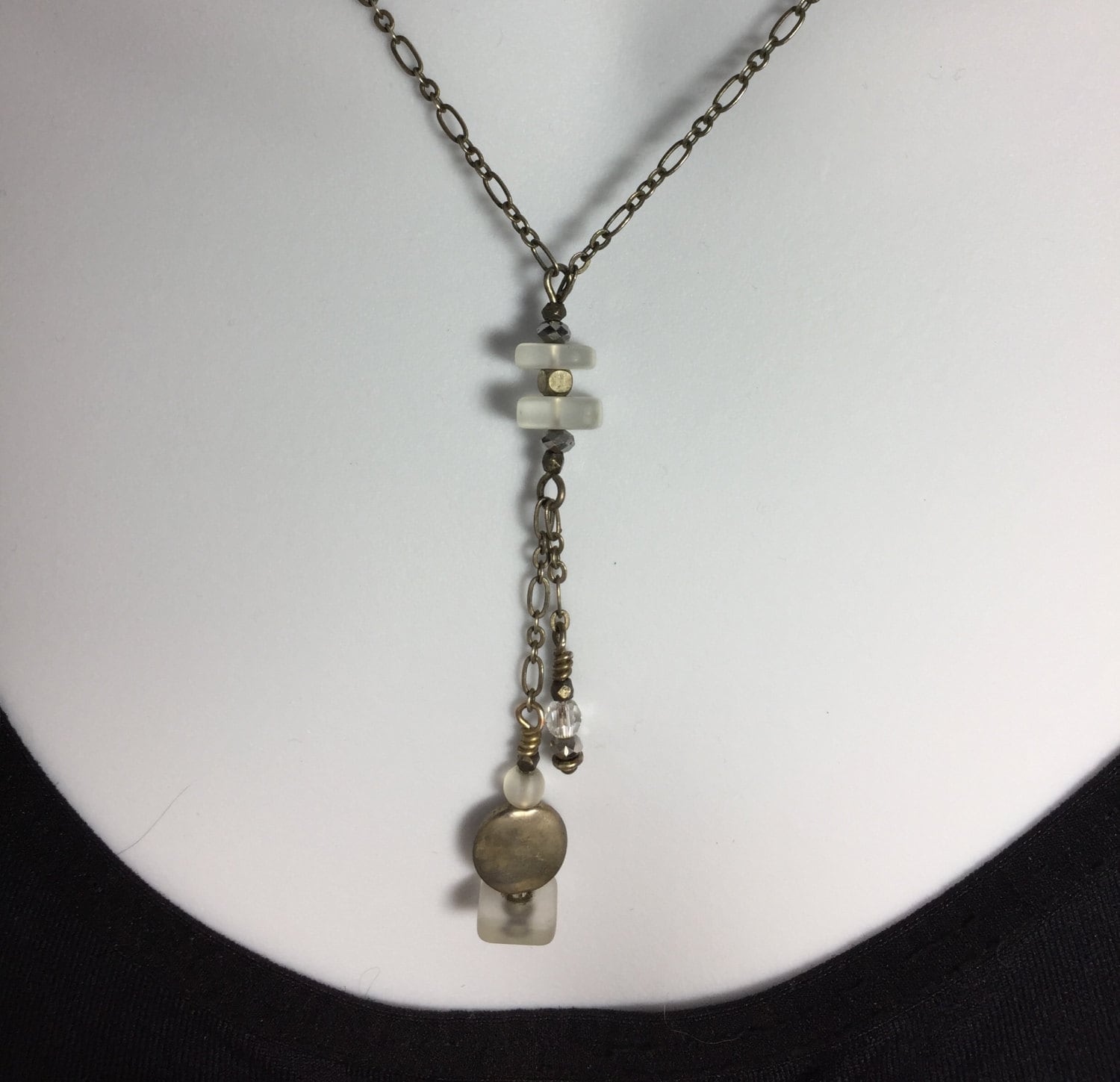 MossberryandStone Recycled Glass Y Necklace Swarovski Crystal 16in