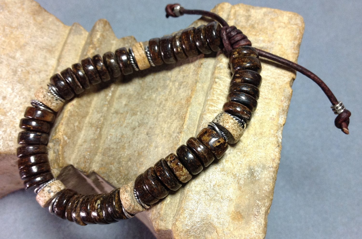MossberryandStone Mens Bronzite Leather Slide Bracelet 7.5in Adjustable