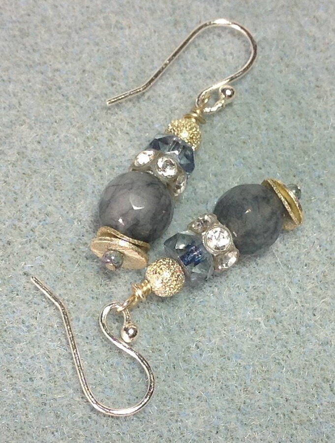 Mossberryandstone Gray Jade Swarovski Crystal Drop Earrings 8mm