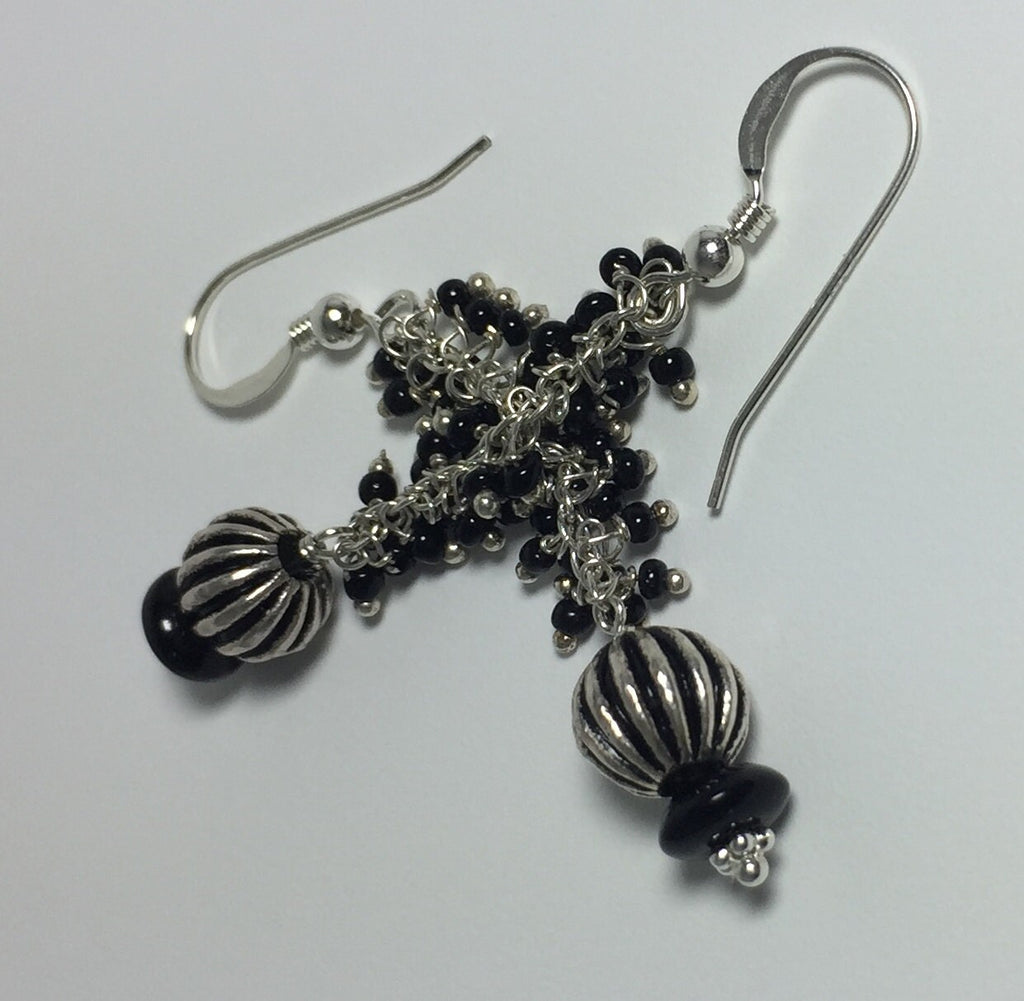 MossberryandStone Black Onyx Sterling Silver Bead Chain Dangle Earrings