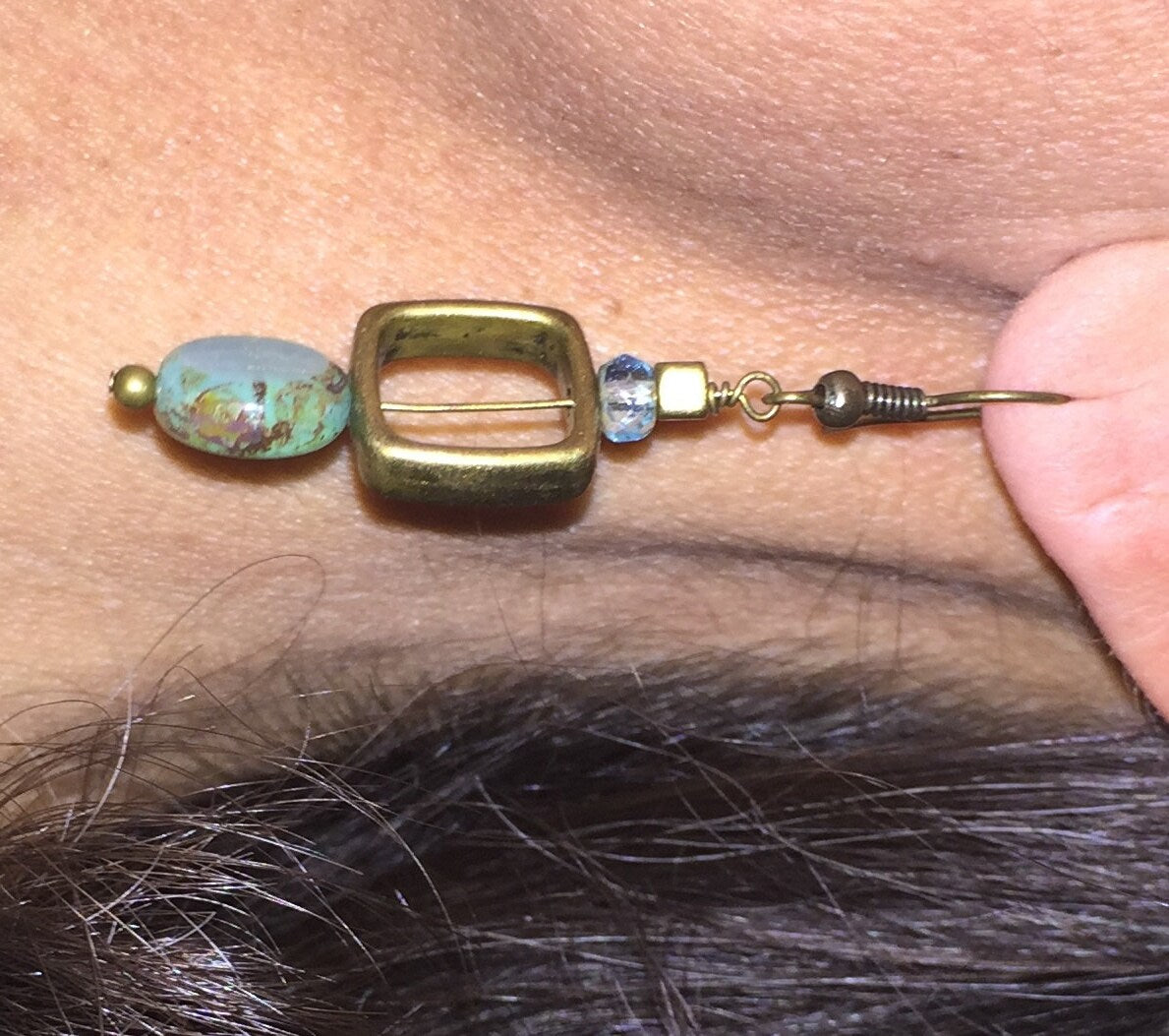 MossberryandStone Geometric Czech Glass Dangle Earrings Aqua Antique Bronze