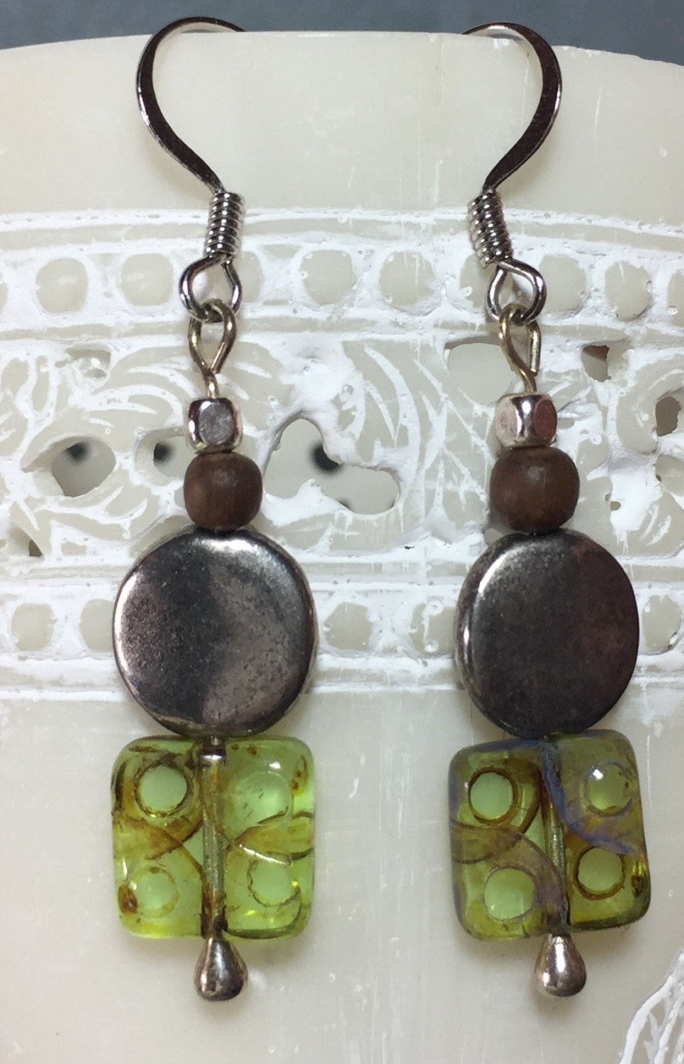 MossberryandStone Etched Czech Glass Dangle Earrings Green Silver