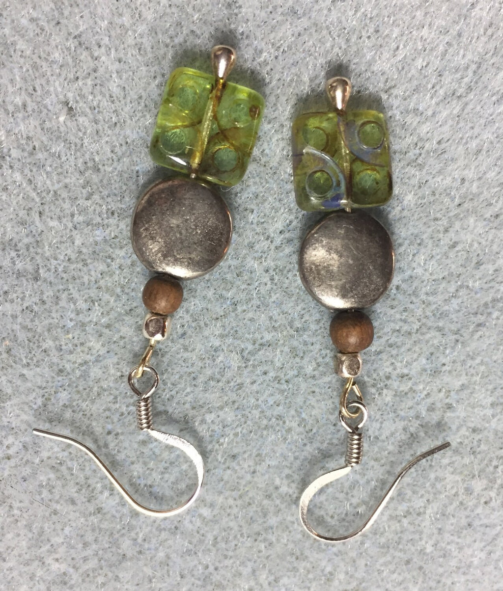 MossberryandStone Etched Czech Glass Dangle Earrings Green Silver