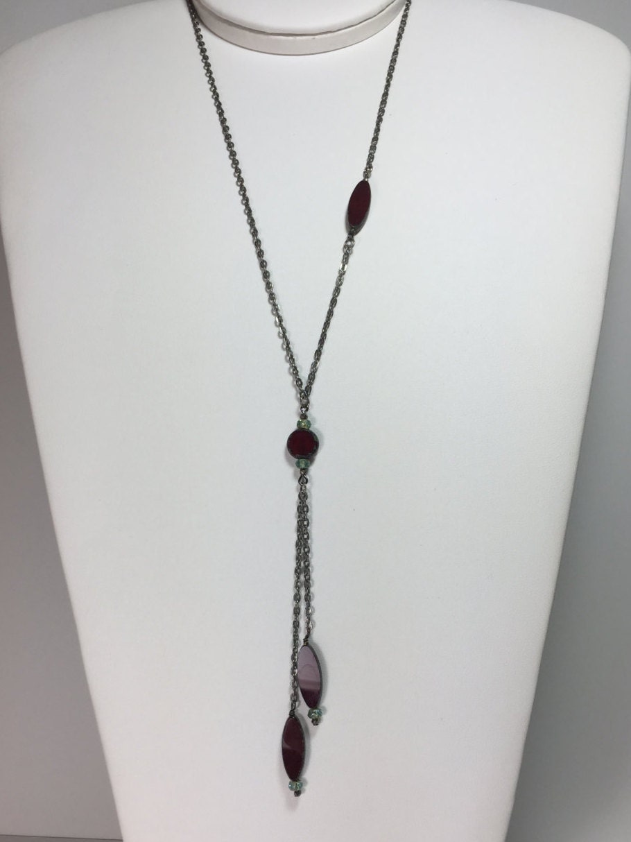 MossberryandStone Czech Glass Asymmetrical Lariat Necklace Deep Red 20in