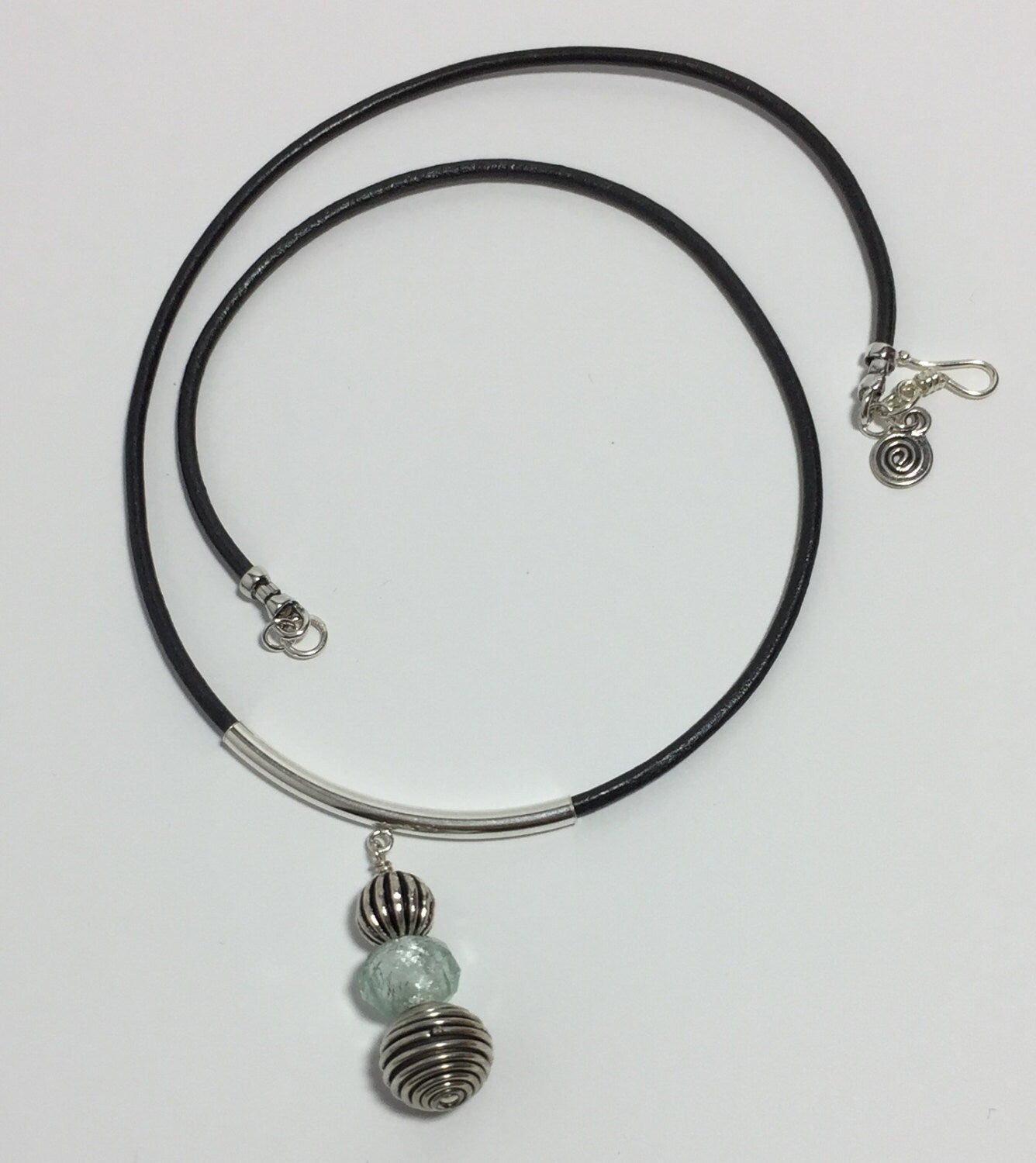 MossberryandStone Sterling Silver Leather Choker Necklace, Bali Bead