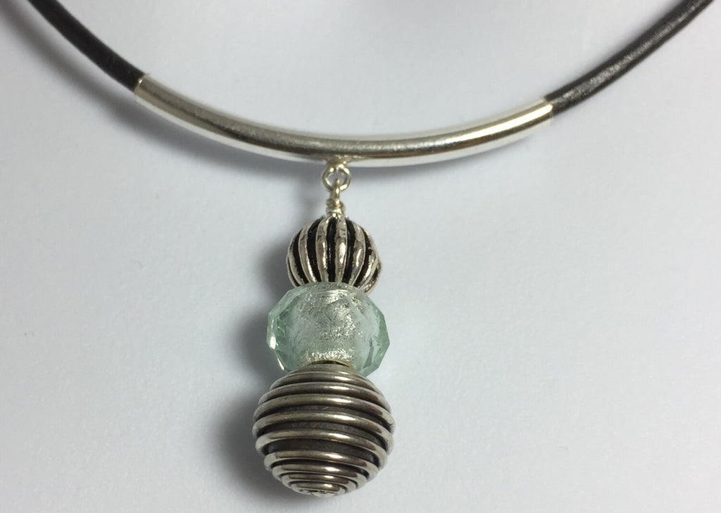 MossberryandStone Sterling Silver Leather Choker Necklace, Bali Bead