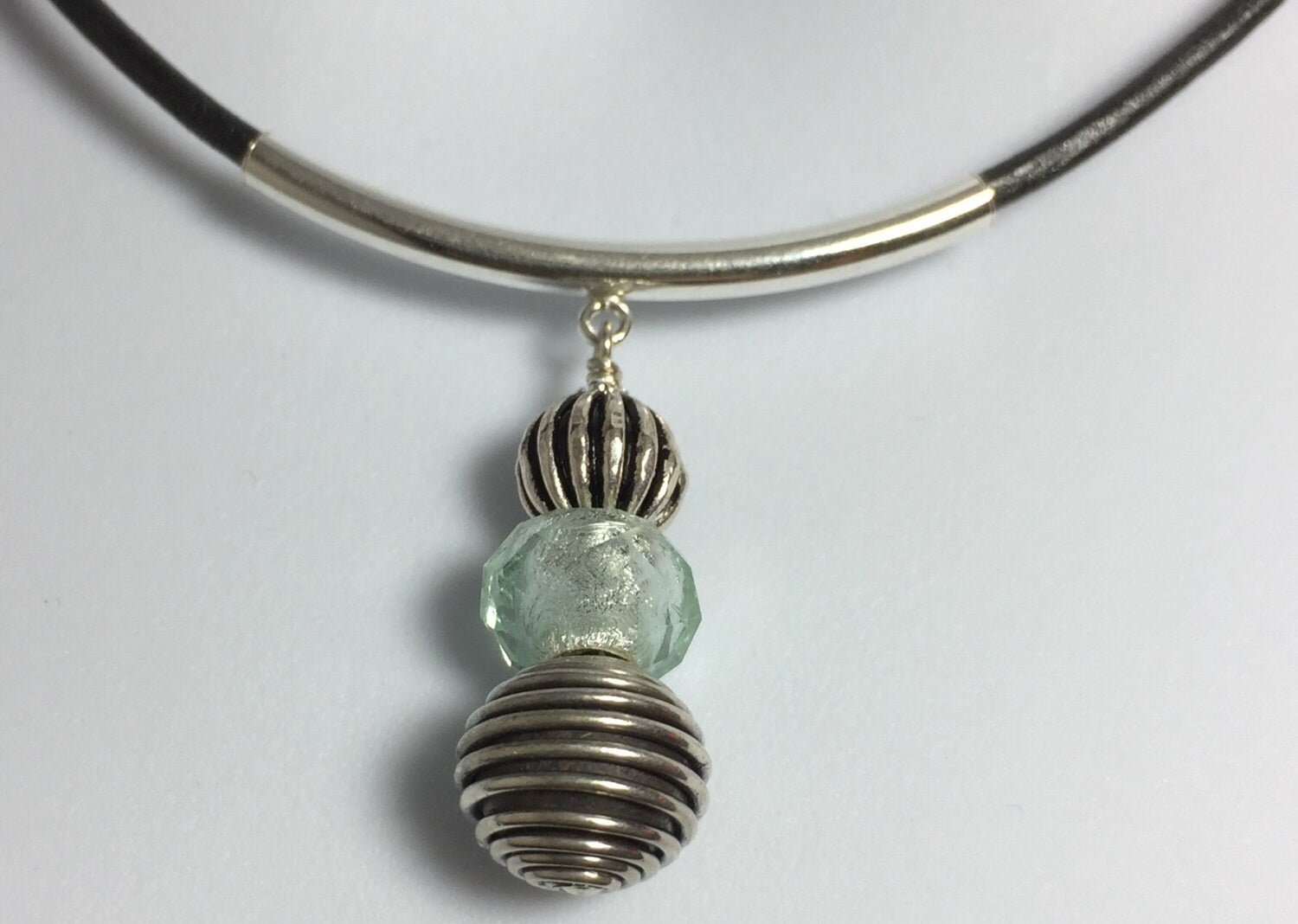 MossberryandStone Sterling Silver Leather Choker Necklace, Bali Bead