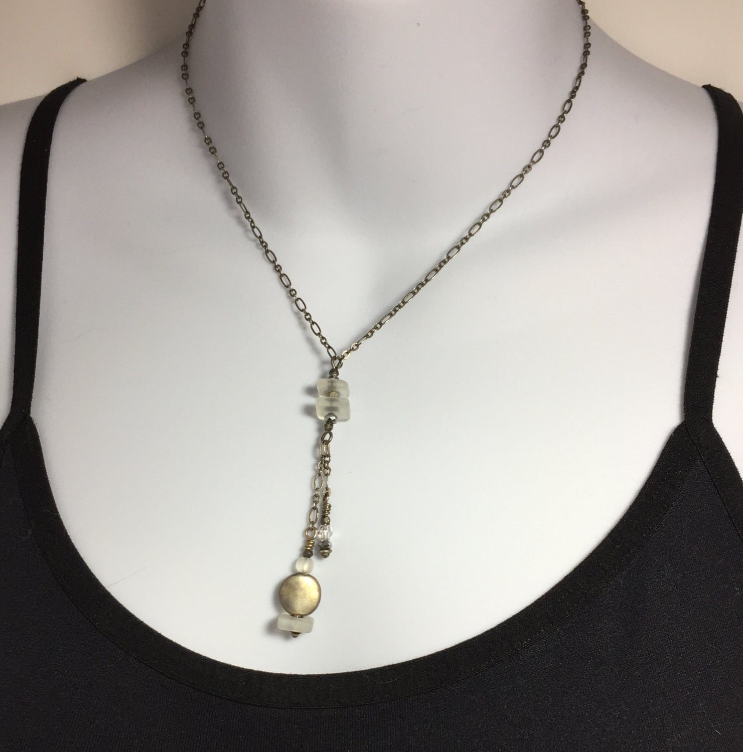 MossberryandStone Recycled Glass Y Necklace Swarovski Crystal 16in